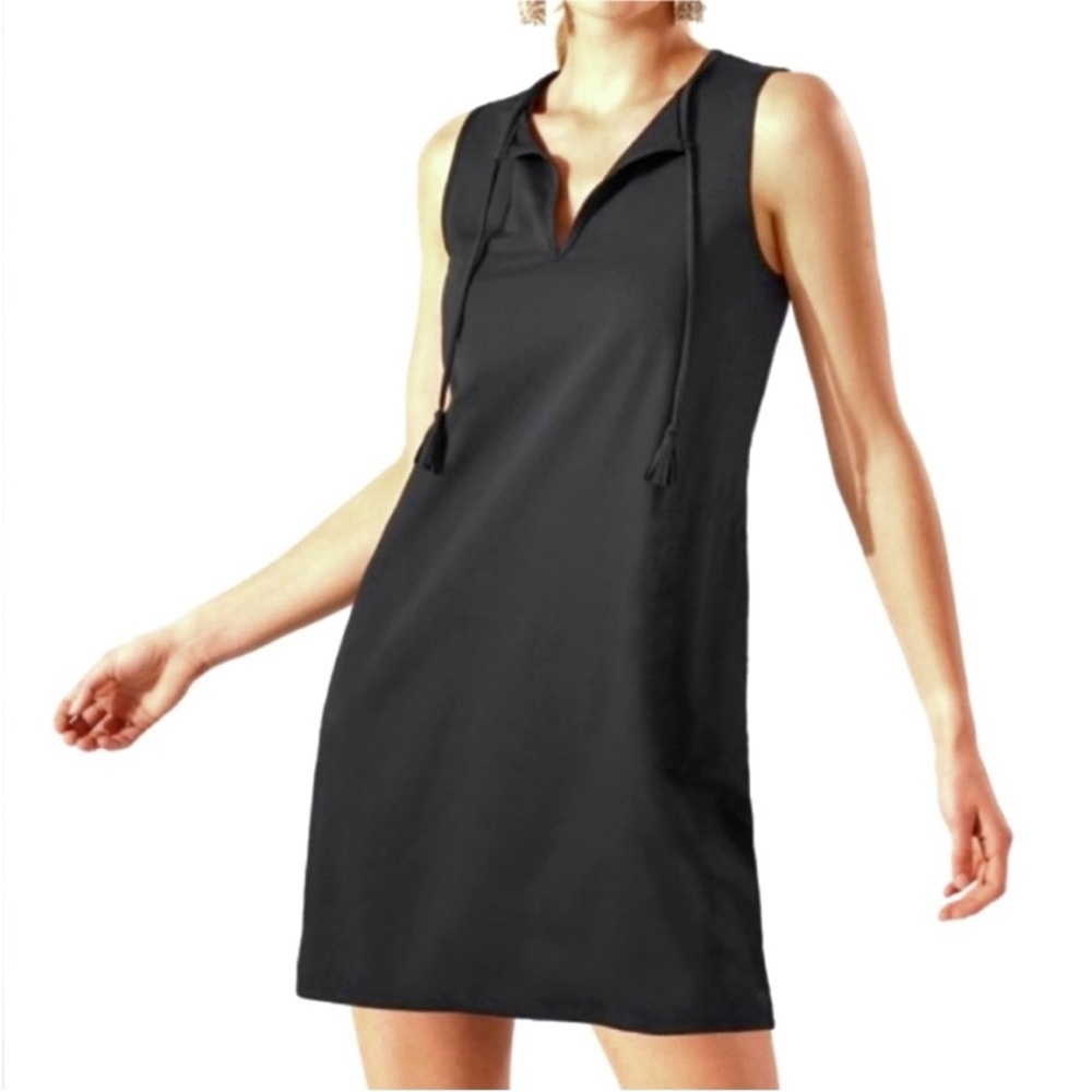 Michael Michael Kors Designer Black Split Neck Tassel Basic Shift Mini Dress